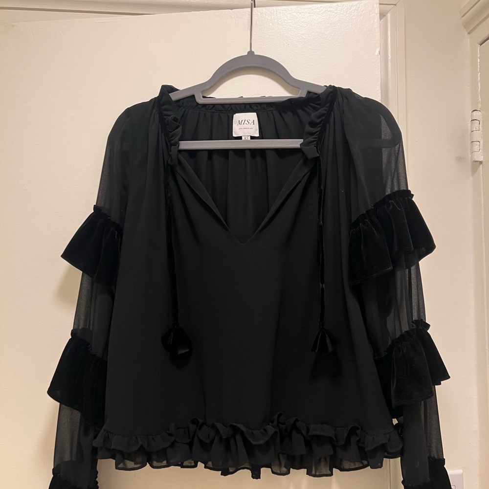 MISA XS Black Ruffle Women's Blouse
